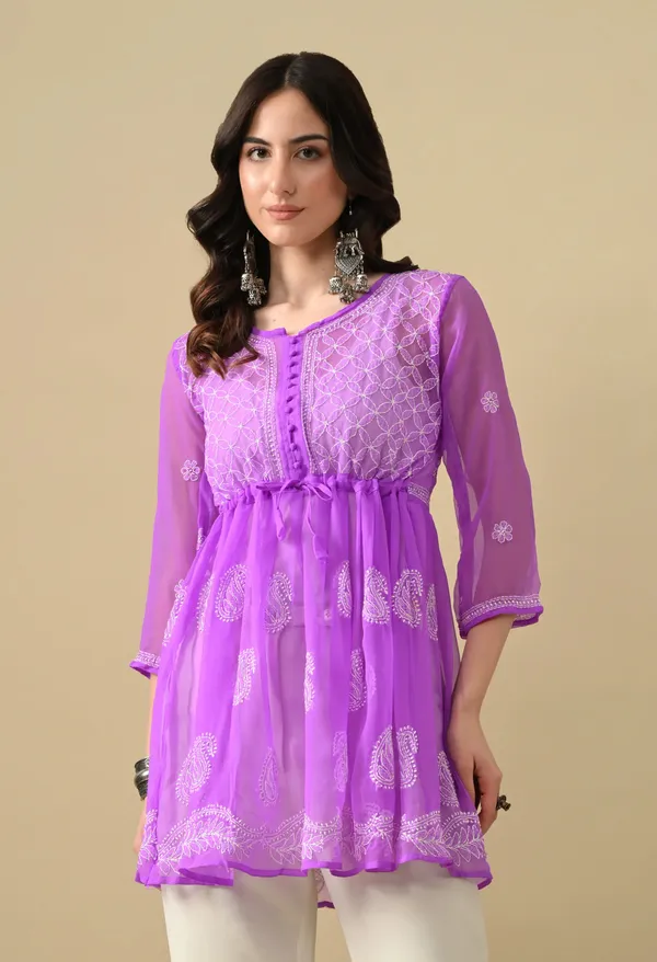 Soft_Geaorgette_Chikan_Handwork_Short_Gown_Purple_Purple