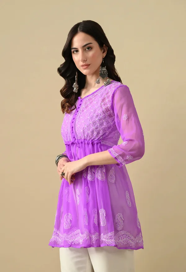 Soft_Geaorgette_Chikan_Handwork_Short_Gown_Purple_Purple