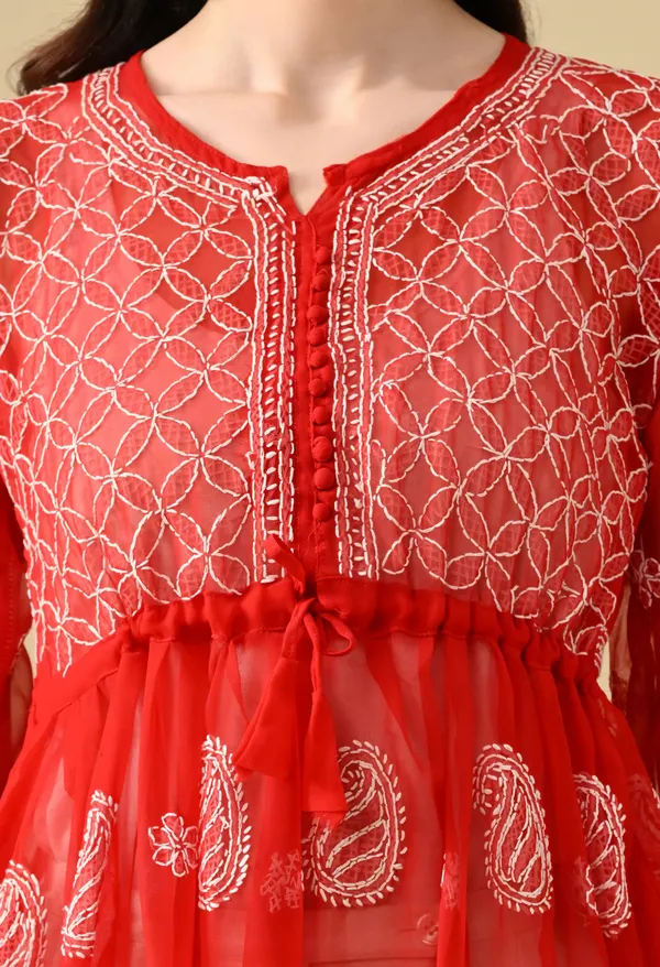 Soft_Geaorgette_Chikan_Handwork_Short_Gown_Red_Red