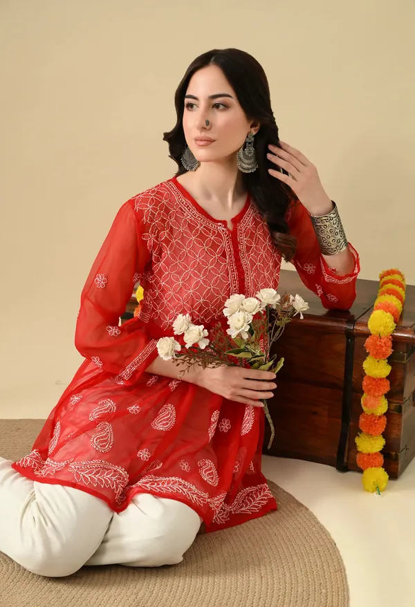 Soft_Geaorgette_Chikan_Handwork_Short_Gown_Red_Red