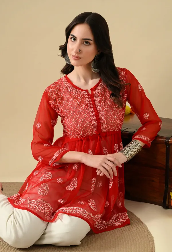 Soft_Geaorgette_Chikan_Handwork_Short_Gown_Red_Red