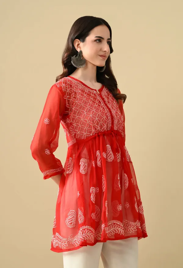Soft_Geaorgette_Chikan_Handwork_Short_Gown_Red_Red