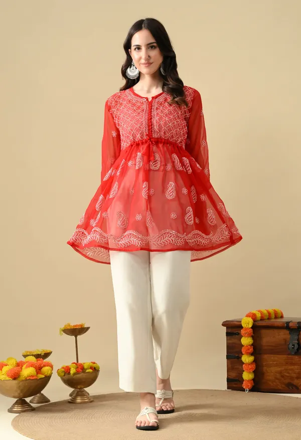 Soft_Geaorgette_Chikan_Handwork_Short_Gown_Red_Red