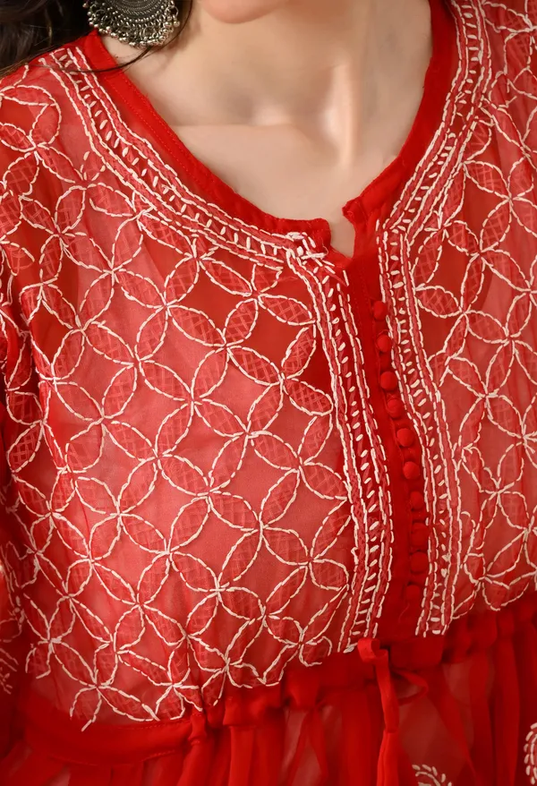 Soft_Geaorgette_Chikan_Handwork_Short_Gown_Red_Red