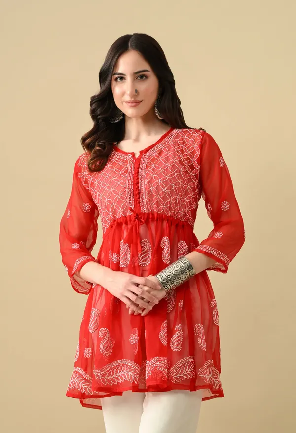 Soft_Geaorgette_Chikan_Handwork_Short_Gown_Red_Red
