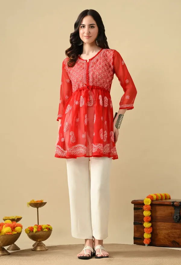 Soft_Geaorgette_Chikan_Handwork_Short_Gown_Red_Red