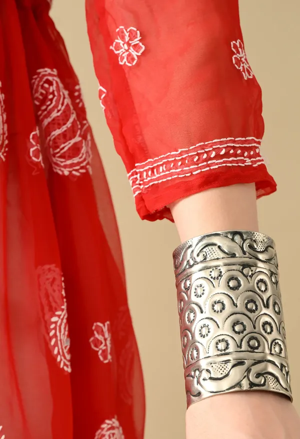 Soft_Geaorgette_Chikan_Handwork_Short_Gown_Red_Red