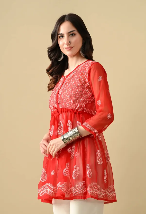 Soft_Geaorgette_Chikan_Handwork_Short_Gown_Red_Red