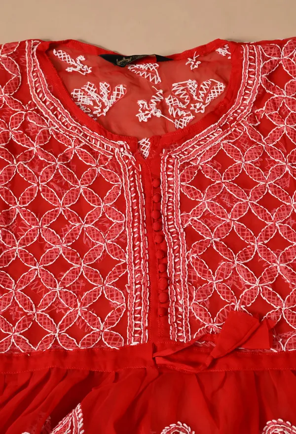 Soft_Geaorgette_Chikan_Handwork_Short_Gown_Red_Red