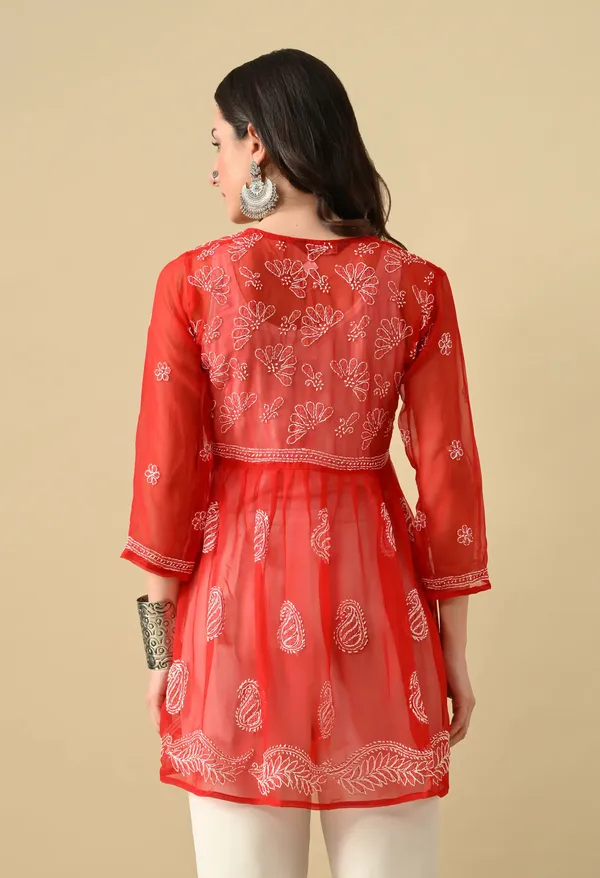 Soft_Geaorgette_Chikan_Handwork_Short_Gown_Red_Red