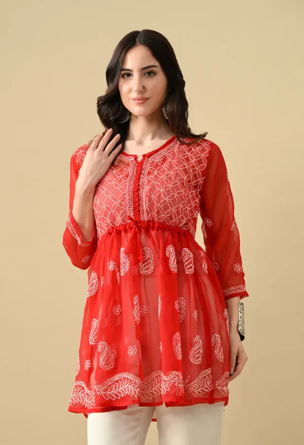 Soft_Geaorgette_Chikan_Handwork_Short_Gown_Red_Red