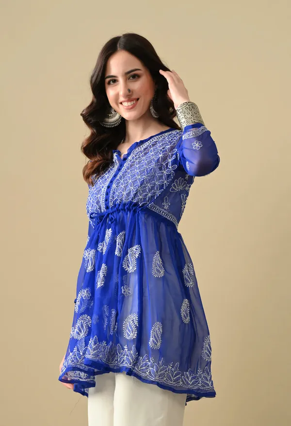 Soft_Geaorgette_Chikan_Handwork_Short_Gown_Royal_Blue_Royal_Blue