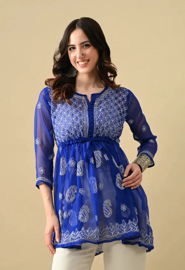 Soft_Geaorgette_Chikan_Handwork_Short_Gown_Royal_Blue_Royal_Blue