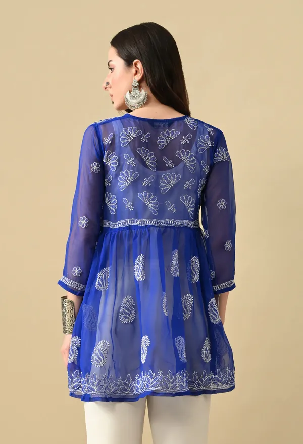 Soft_Geaorgette_Chikan_Handwork_Short_Gown_Royal_Blue_Royal_Blue