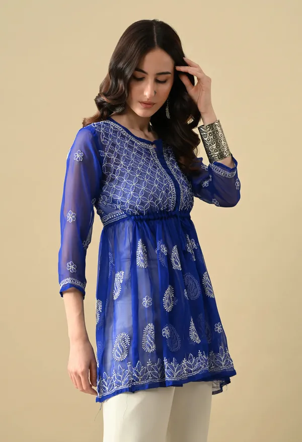 Soft_Geaorgette_Chikan_Handwork_Short_Gown_Royal_Blue_Royal_Blue