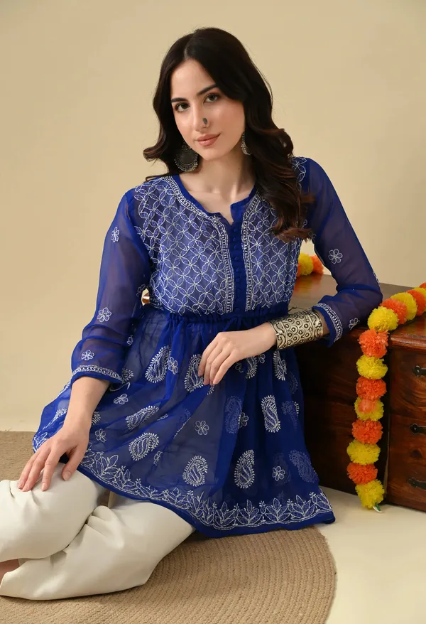 Soft_Geaorgette_Chikan_Handwork_Short_Gown_Royal_Blue_Royal_Blue