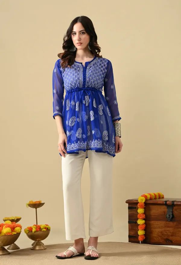 Soft_Geaorgette_Chikan_Handwork_Short_Gown_Royal_Blue_Royal_Blue