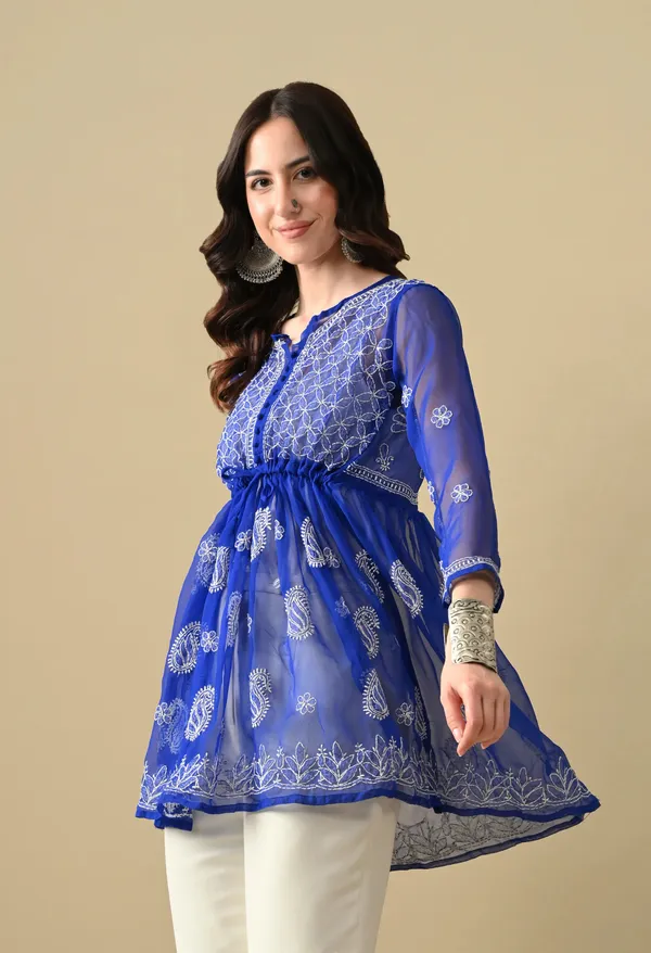 Soft_Geaorgette_Chikan_Handwork_Short_Gown_Royal_Blue_Royal_Blue