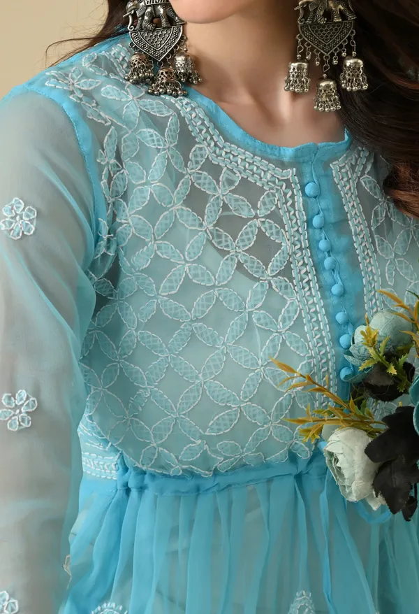 Soft_Geaorgette_Chikan_Handwork_Short_Gown_Sky_Blue_Sky_Blue