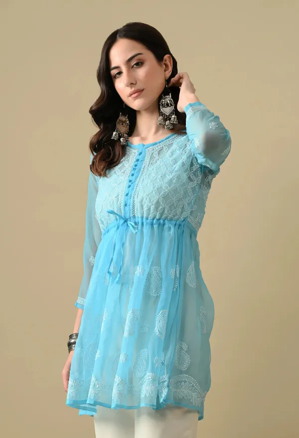 Soft_Geaorgette_Chikan_Handwork_Short_Gown_Sky_Blue_Sky_Blue