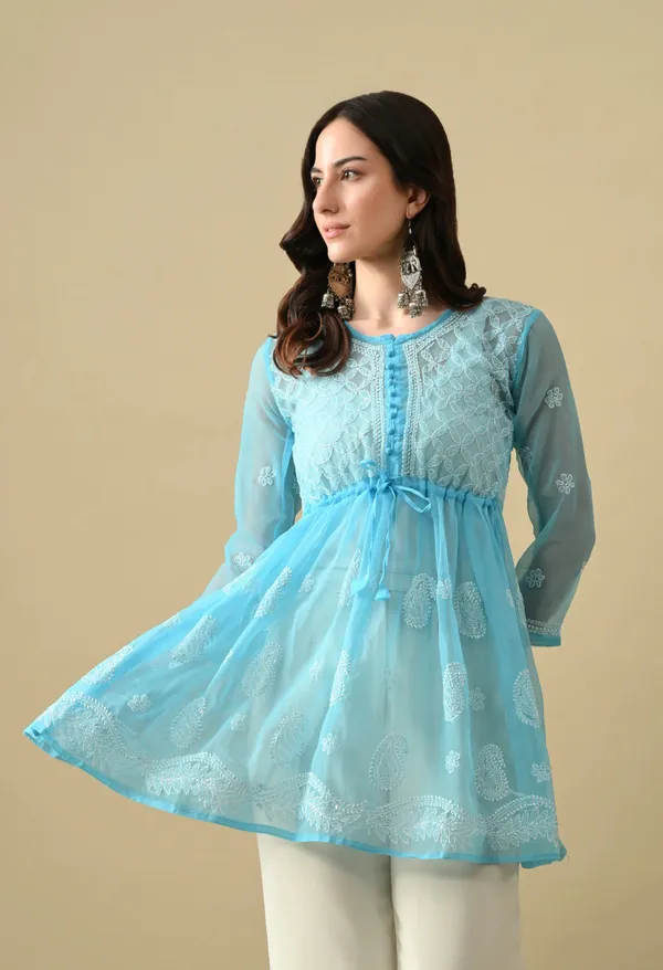 Soft_Geaorgette_Chikan_Handwork_Short_Gown_Sky_Blue_Sky_Blue