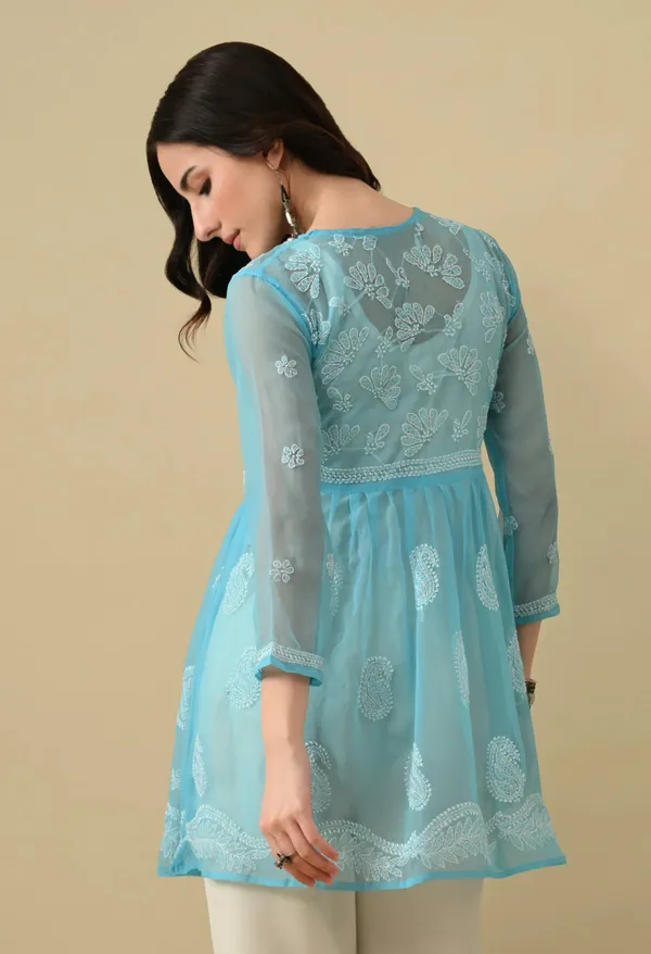 Soft_Geaorgette_Chikan_Handwork_Short_Gown_Sky_Blue_Sky_Blue