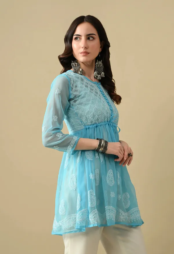 Soft_Geaorgette_Chikan_Handwork_Short_Gown_Sky_Blue_Sky_Blue