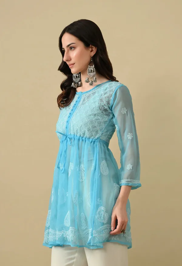 Soft_Geaorgette_Chikan_Handwork_Short_Gown_Sky_Blue_Sky_Blue