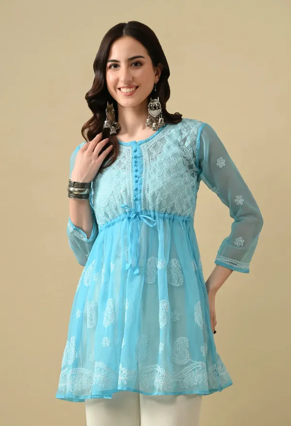 Soft_Geaorgette_Chikan_Handwork_Short_Gown_Sky_Blue_Sky_Blue