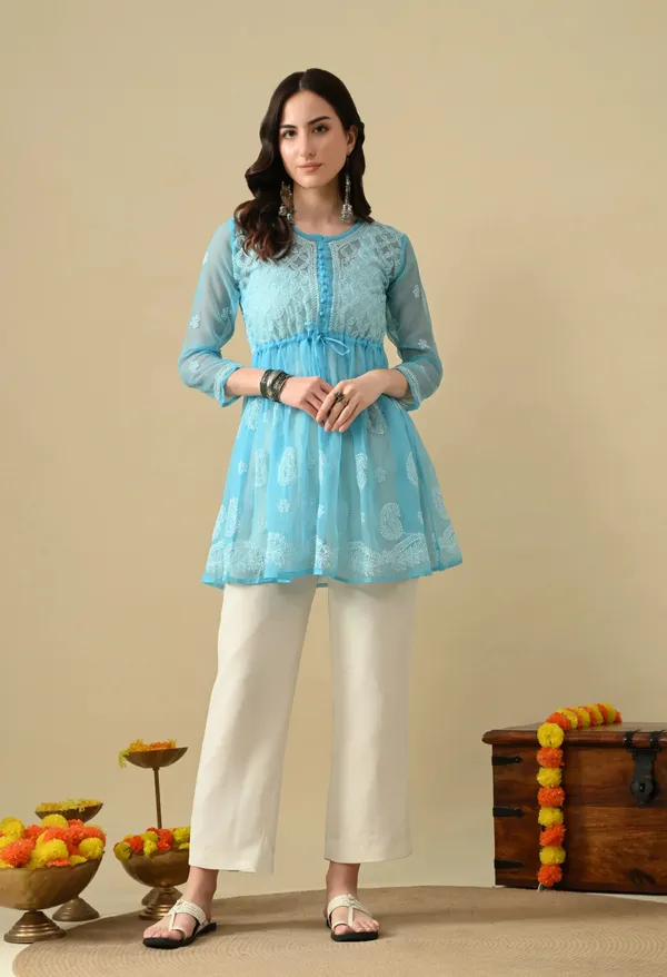 Soft_Geaorgette_Chikan_Handwork_Short_Gown_Sky_Blue_Sky_Blue