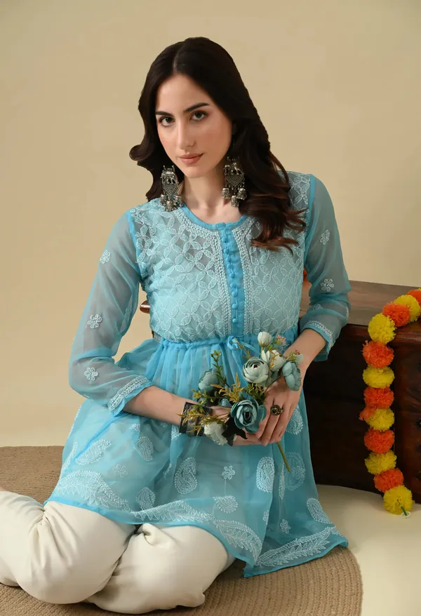 Soft_Geaorgette_Chikan_Handwork_Short_Gown_Sky_Blue_Sky_Blue