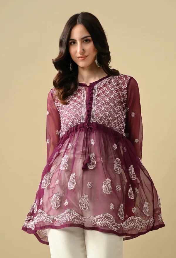 Soft_Geaorgette_Chikan_Handwork_Short_Gown_Wine_Wine