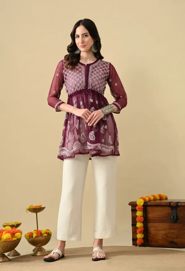 Soft_Geaorgette_Chikan_Handwork_Short_Gown_Wine_Wine