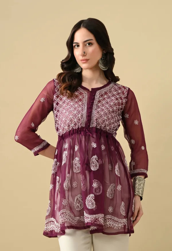 Soft_Geaorgette_Chikan_Handwork_Short_Gown_Wine_Wine