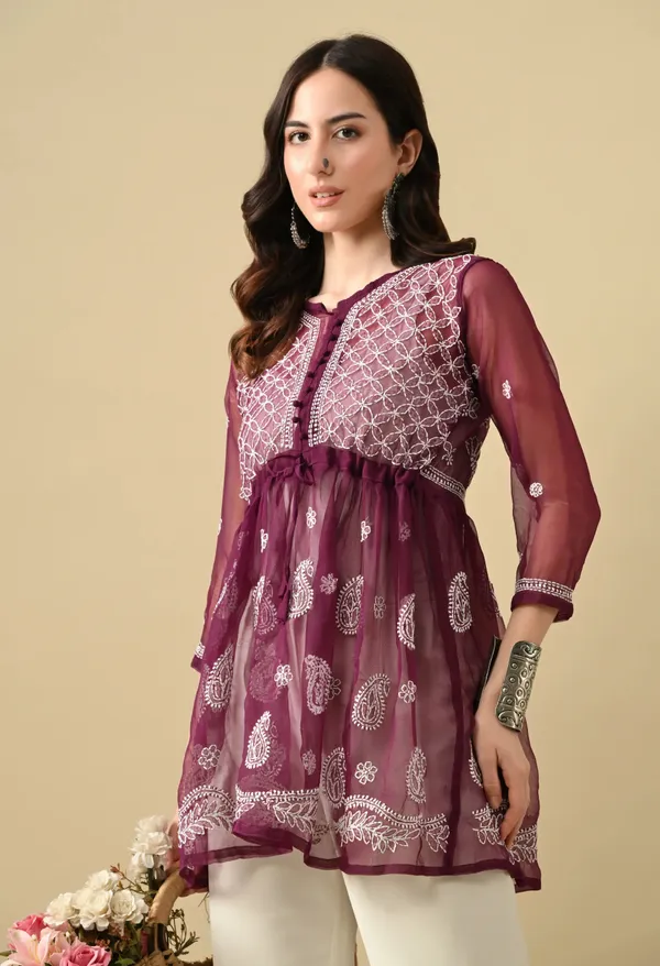 Soft_Geaorgette_Chikan_Handwork_Short_Gown_Wine_Wine