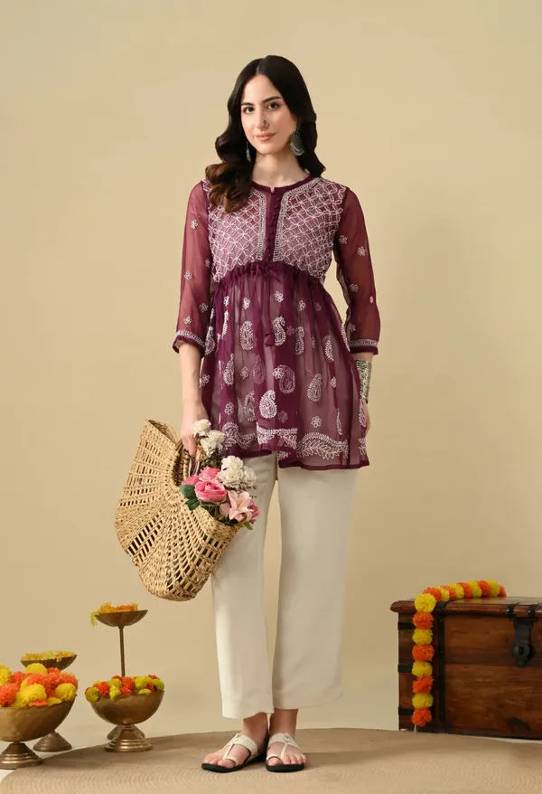 Soft_Geaorgette_Chikan_Handwork_Short_Gown_Wine_Wine