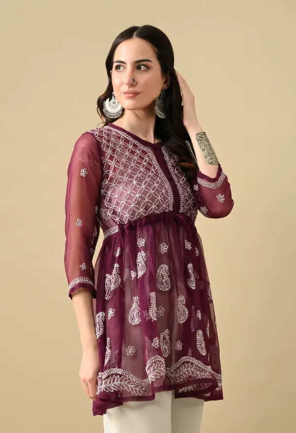 Soft_Geaorgette_Chikan_Handwork_Short_Gown_Wine_Wine