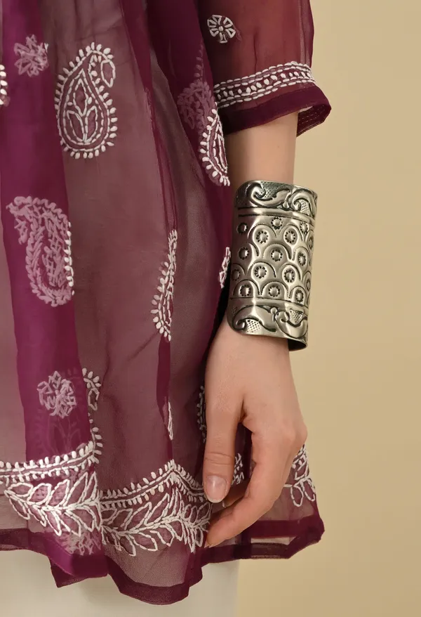 Soft_Geaorgette_Chikan_Handwork_Short_Gown_Wine_Wine