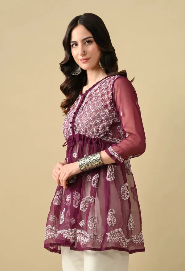 Soft_Geaorgette_Chikan_Handwork_Short_Gown_Wine_Wine