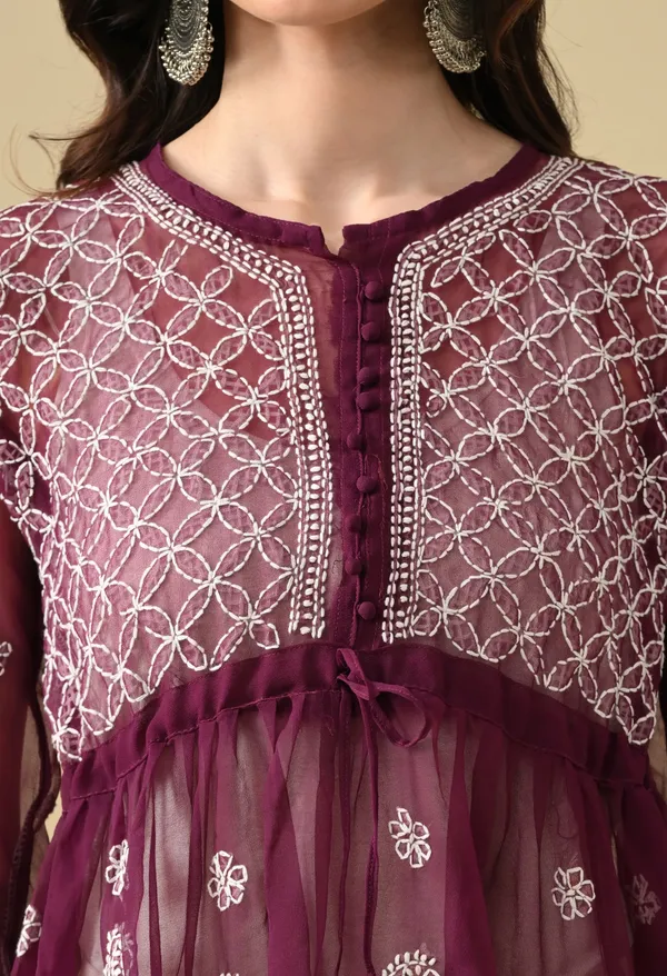 Soft_Geaorgette_Chikan_Handwork_Short_Gown_Wine_Wine