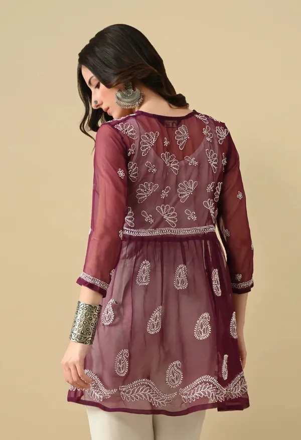 Soft_Geaorgette_Chikan_Handwork_Short_Gown_Wine_Wine