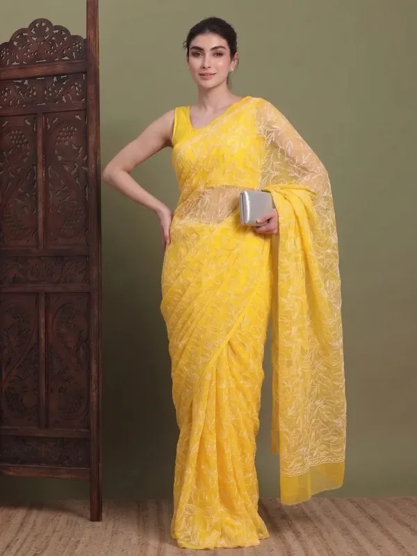 Exclusive_Tepchi_Hand_Made_Chikankari_Saree_Dark_Yellow_Yellow_Female_Adults