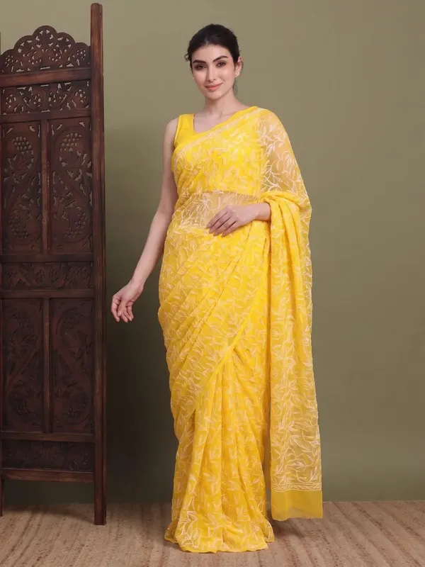 Exclusive_Tepchi_Hand_Made_Chikankari_Saree_Dark_Yellow_Yellow_Female_Adults