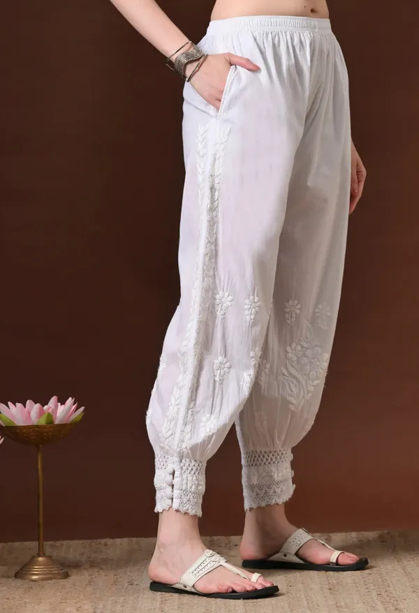 White_Pure_Cotton_Chikankari_Hand_Embroidered_Afghani_Pant_For_Women_White_Cigarette_Stylish_Pant