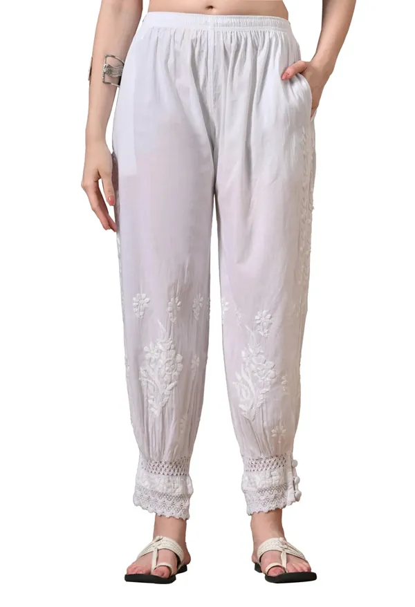 White_Pure_Cotton_Chikankari_Hand_Embroidered_Afghani_Pant_For_Women_White_Cigarette_Stylish_Pant