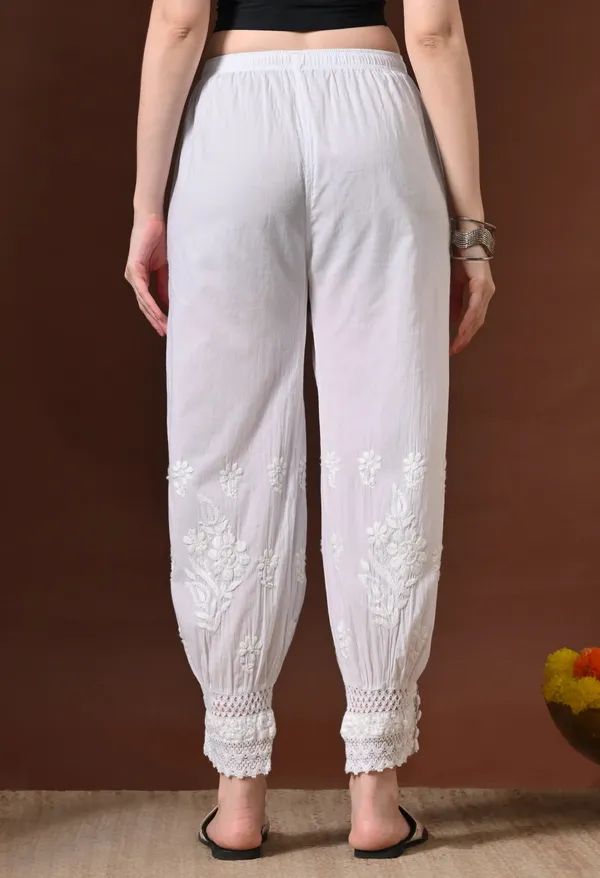 White_Pure_Cotton_Chikankari_Hand_Embroidered_Afghani_Pant_For_Women_White_Cigarette_Stylish_Pant