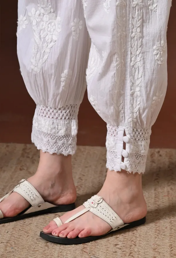 White_Pure_Cotton_Chikankari_Hand_Embroidered_Afghani_Pant_For_Women_White_Cigarette_Stylish_Pant