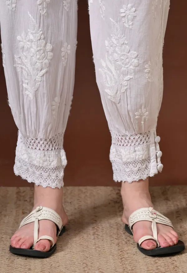 White_Pure_Cotton_Chikankari_Hand_Embroidered_Afghani_Pant_For_Women_White_Cigarette_Stylish_Pant