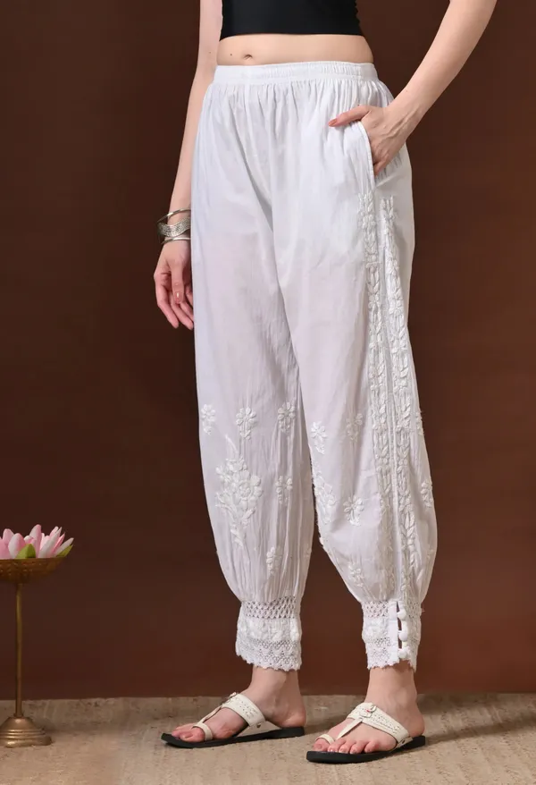 White_Pure_Cotton_Chikankari_Hand_Embroidered_Afghani_Pant_For_Women_White_Cigarette_Stylish_Pant