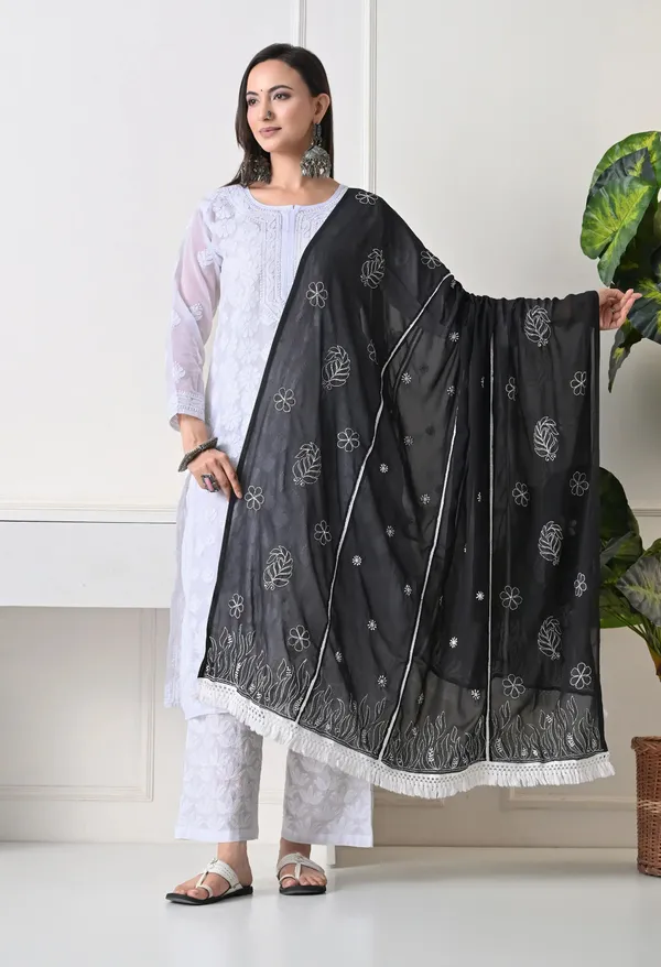 Black_Soft_Georgette_Chikankari_Hand_Embroidered_Dupatta_For_Women_Black_Machine_Washable